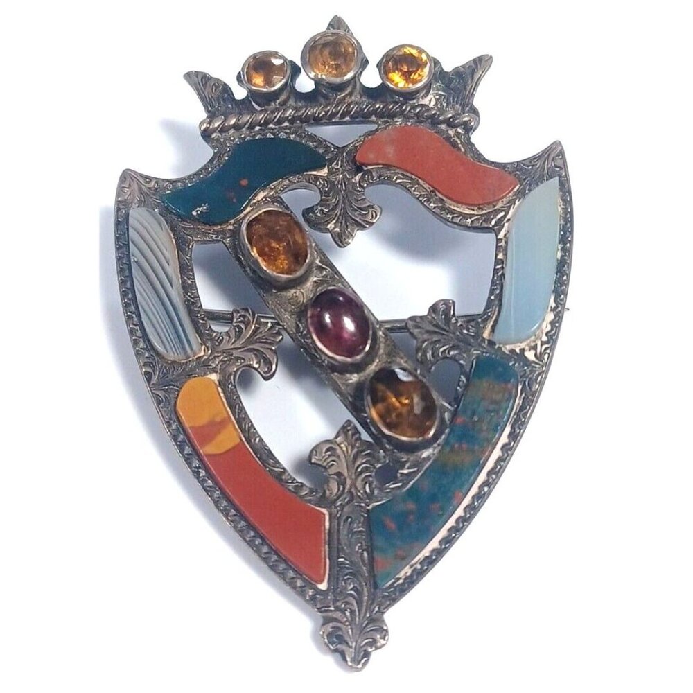 Victorian Sterling Silver Scottish Crest With Crown Agate Brooch Pin Circa 1890 - Picture 6 of 10